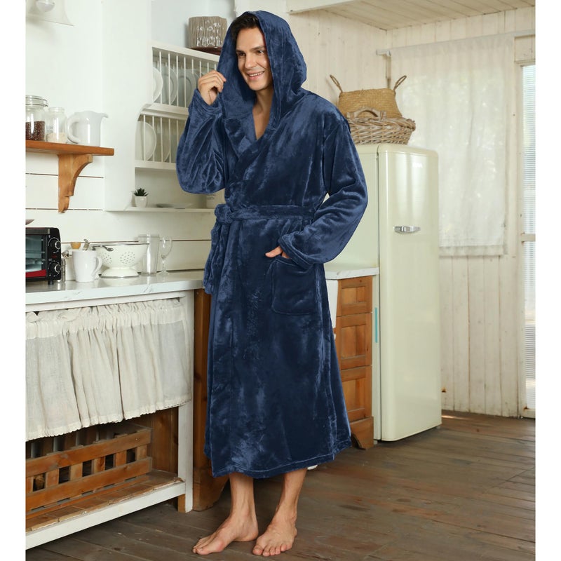 U2SKIIN Mens Fleece Hooded Robe Plush Bathrobe (Navy Blue, L/XL) - Image 3